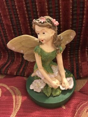 Green Fairy Figurine with Pink Flowers